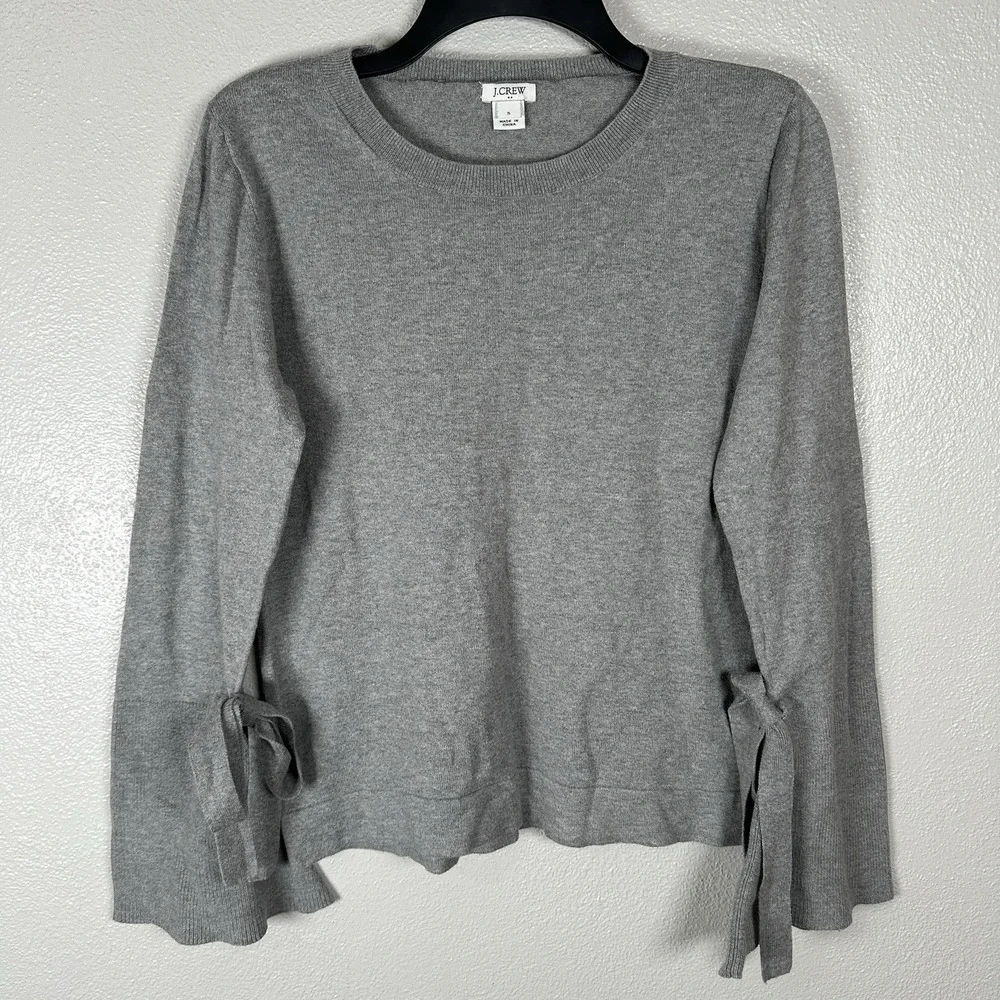 J Crew Tie Bell Sleeve Sweater Womens Small‎ Crewneck Lightweight Gray Cotton